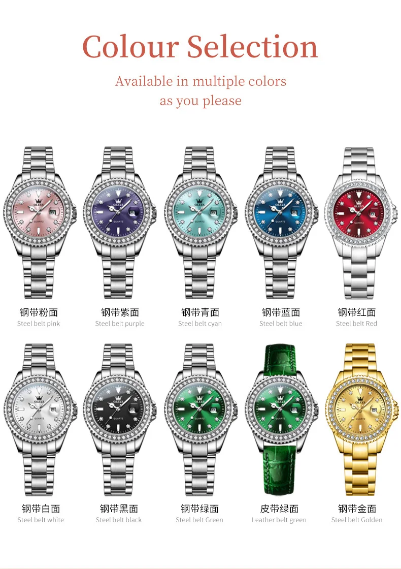 OLEVS 9945 Luxury Women Original Quartz Movement Watch Diamond Scale Stainless Steel Bracelet Luminous Function 30M Waterproof Watch