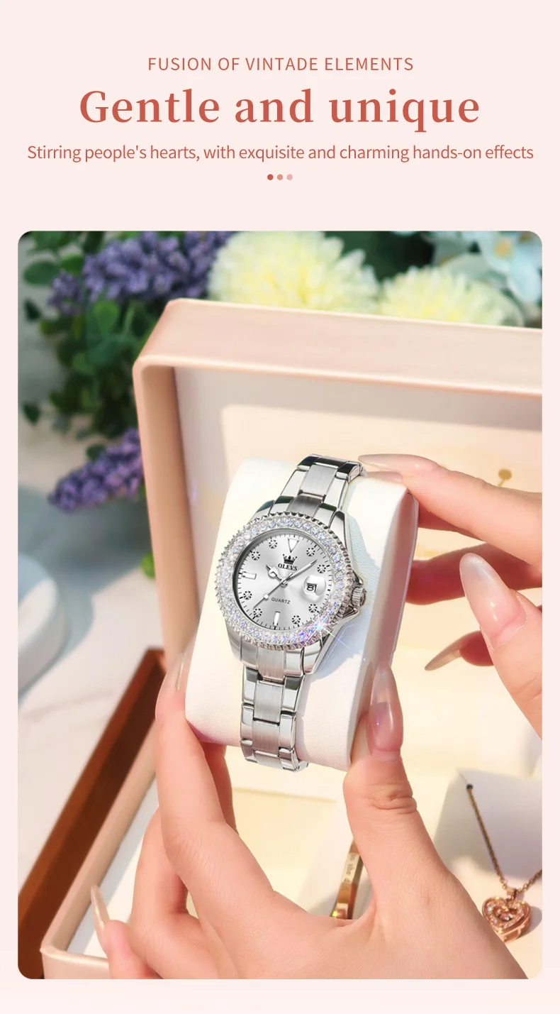 OLEVS 9945 Luxury Women Original Quartz Movement Watch Diamond Scale Stainless Steel Bracelet Luminous Function 30M Waterproof Watch
