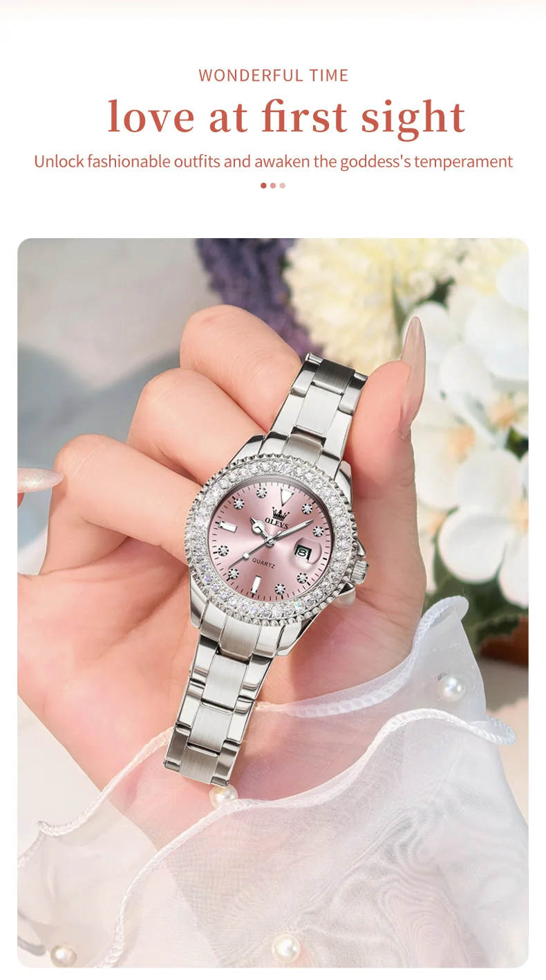 OLEVS 9945 Luxury Women Original Quartz Movement Watch Diamond Scale Stainless Steel Bracelet Luminous Function 30M Waterproof Watch