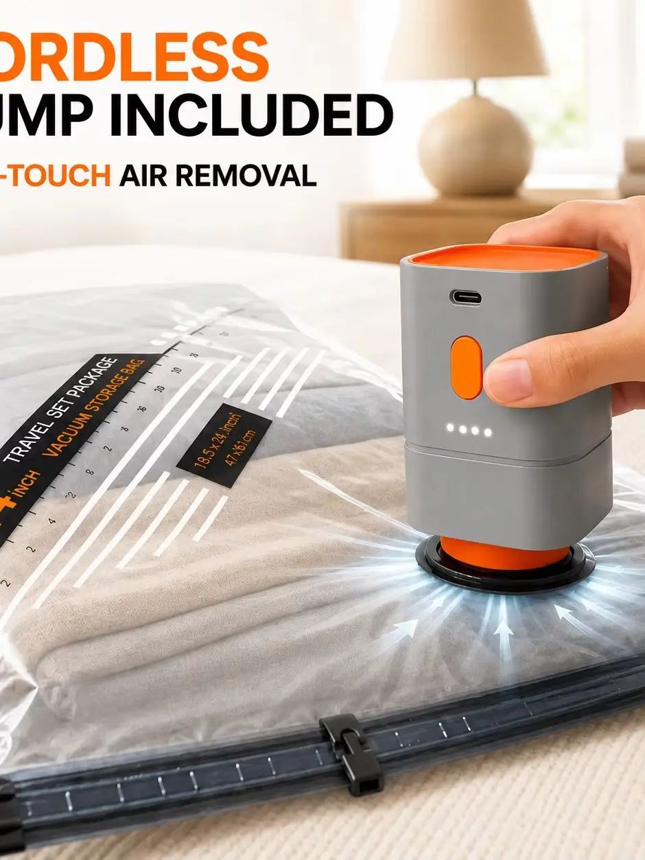 Vacuum Storage Bags with Electric Pump, Travel Space Saver Vacuum Bags, Portable Cordless Air Deflator, Clothes Compression Organizer