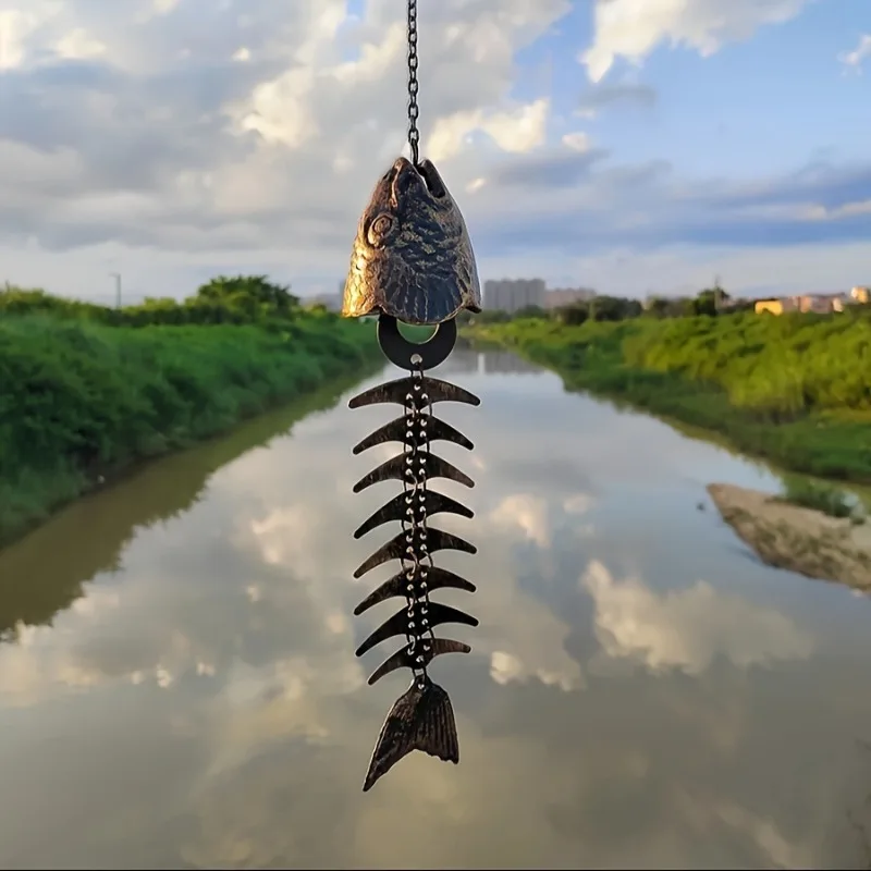 1Pc Christmas Metal Fish Bone Wind Chime, Hanging Iron Art Wind Chime for Patio Lawn Garden Porch Festival Gift for Friends