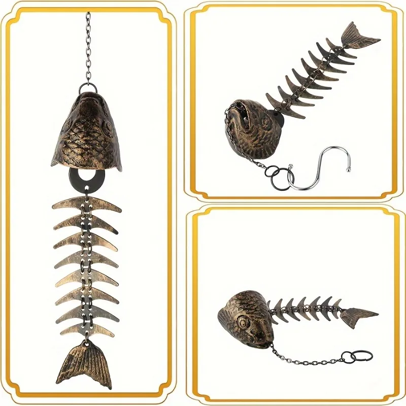 1Pc Christmas Metal Fish Bone Wind Chime, Hanging Iron Art Wind Chime for Patio Lawn Garden Porch Festival Gift for Friends