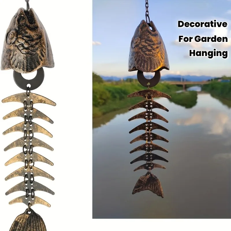 1Pc Christmas Metal Fish Bone Wind Chime, Hanging Iron Art Wind Chime for Patio Lawn Garden Porch Festival Gift for Friends