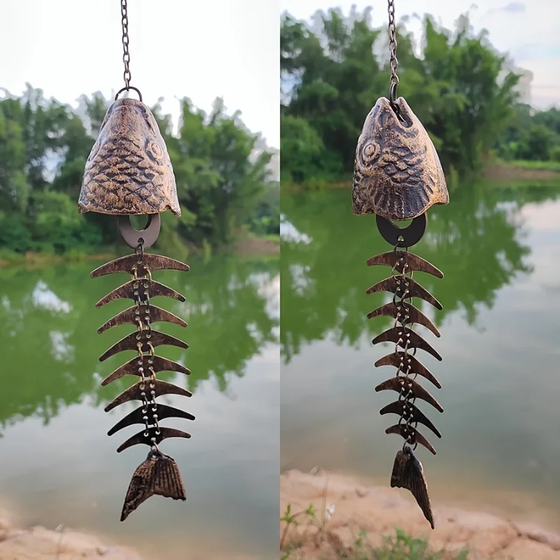 1Pc Christmas Metal Fish Bone Wind Chime, Hanging Iron Art Wind Chime for Patio Lawn Garden Porch Festival Gift for Friends