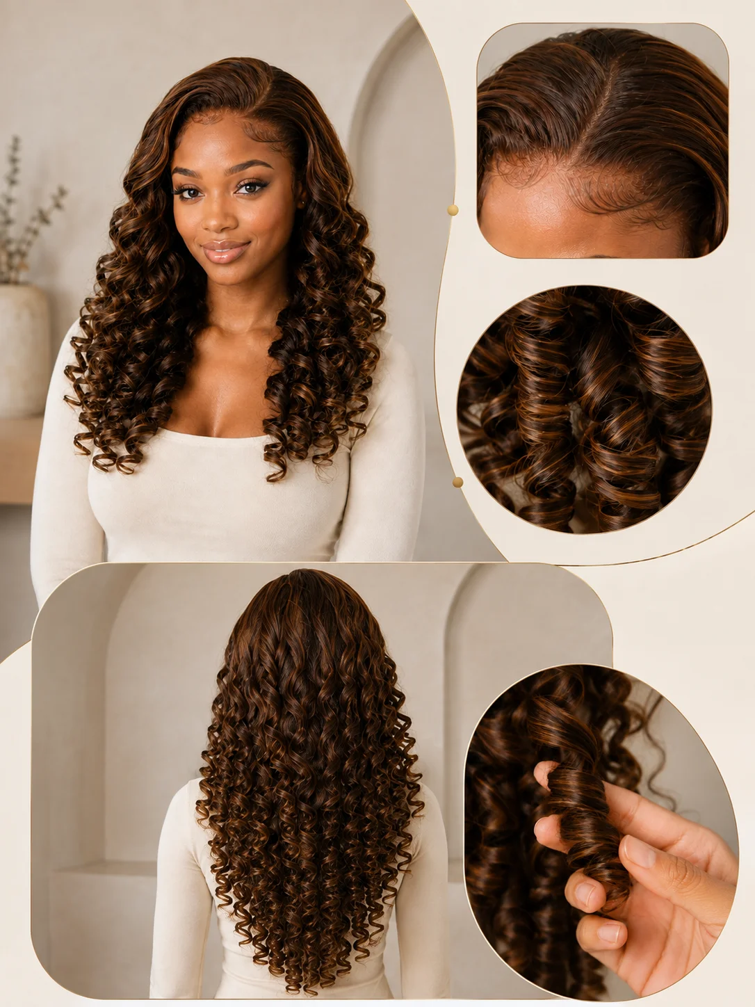 TIMOPOL P4/27 Highlight Spiral Curly Human Hair Wig for  Women, 13x4 HD Lace Front, 20-24Inch 066C Defined Curls, Pre-Plucked Natural Hairline, Glueless Wear and Go