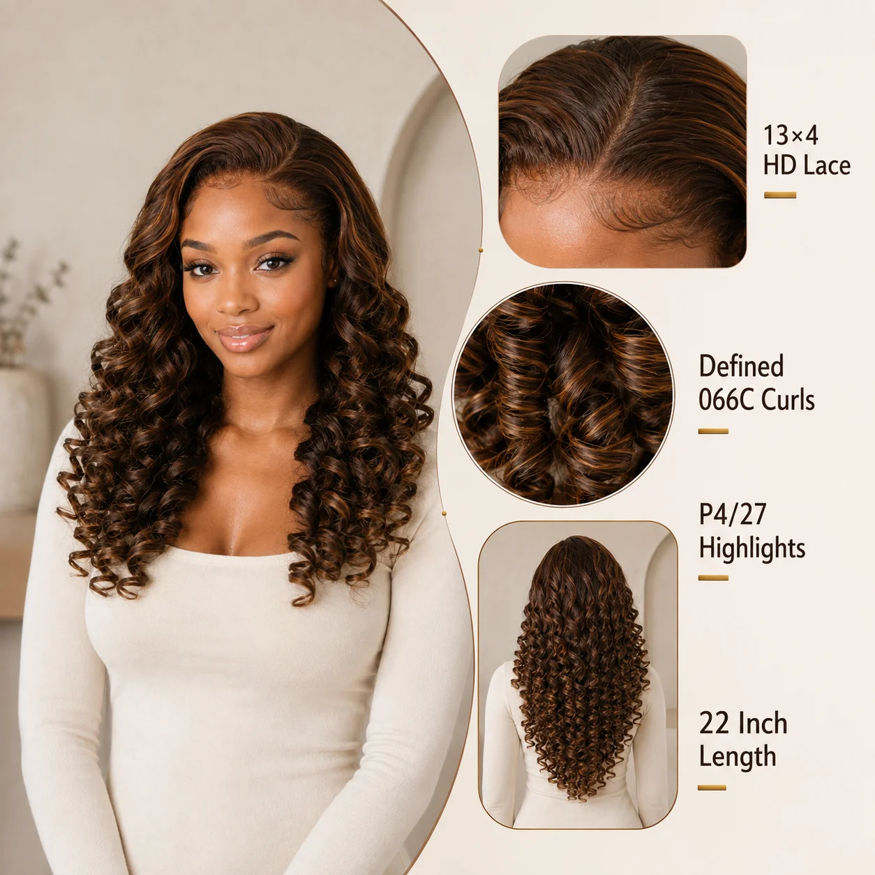 TIMOPOL P4/27 Highlight Spiral Curly Human Hair Wig for  Women, 13x4 HD Lace Front, 20-24Inch 066C Defined Curls, Pre-Plucked Natural Hairline, Glueless Wear and Go