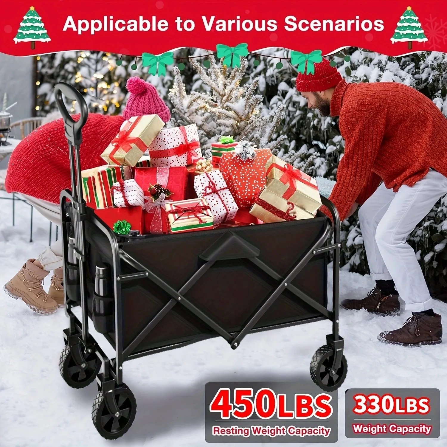 Black Heavy Duty Folding Utility Cart 380LBS Capacity Multifunctional Kitchen Wagon for Home Yard Shopping Gardening Outdoor Equipment Handling