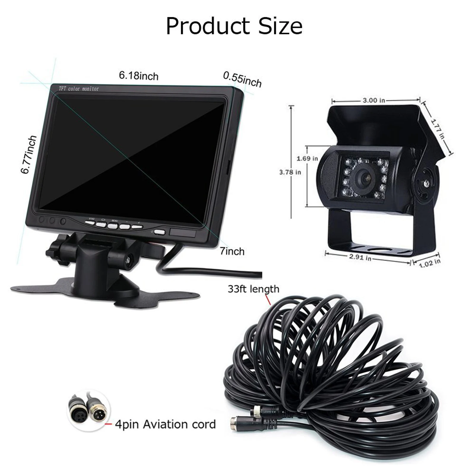iPoster 7 Inch LCD Screen Car Monitor 12v 24v With Remote Control 4PIN Rear View Reversing Backup Camera 120 Degree View Angle 18 IR LEDs Night Visioin IP68 Waterproof For Truck Rv Caravan Trailer Camper Motorhome