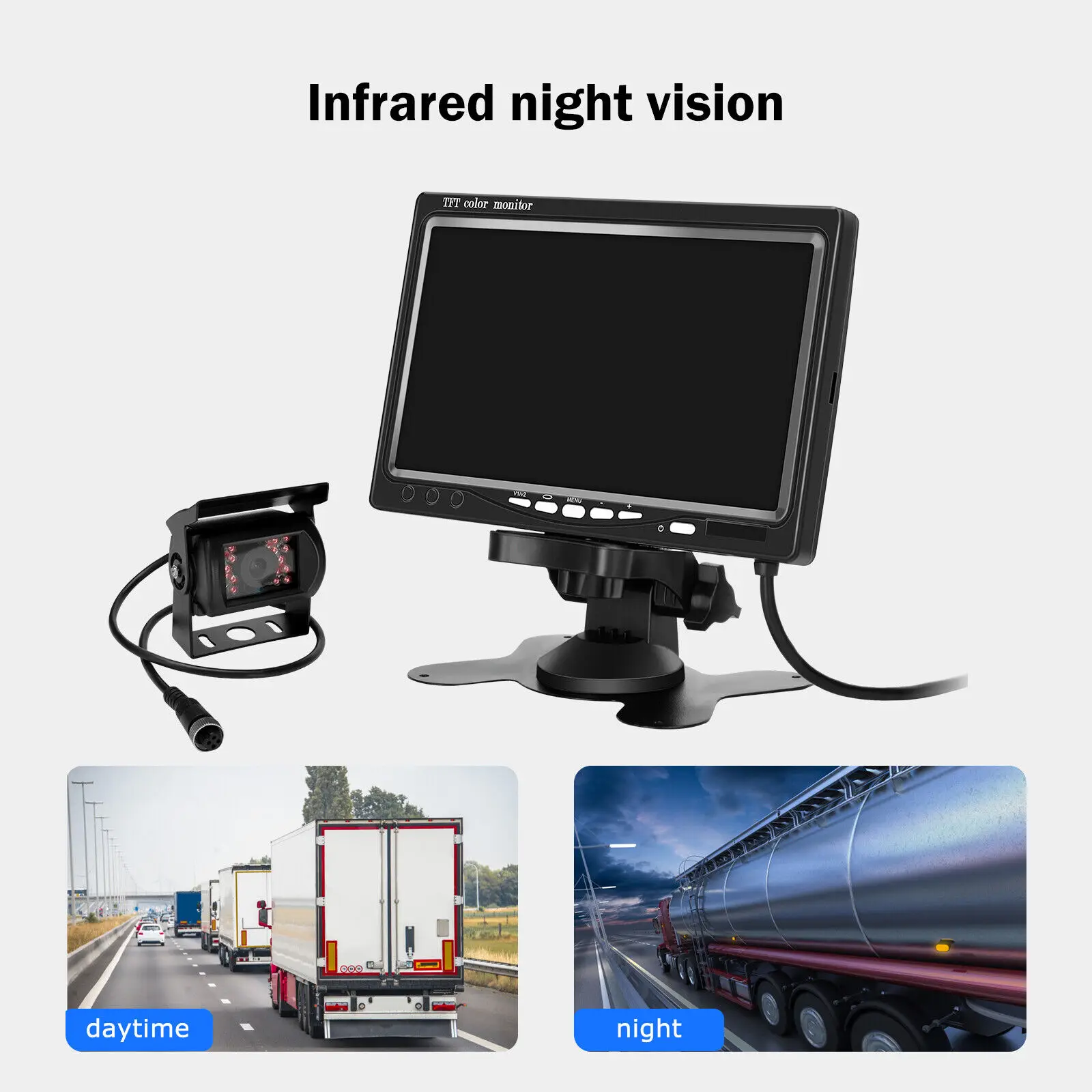 iPoster 7 Inch LCD Screen Car Monitor 12v 24v With Remote Control 4PIN Rear View Reversing Backup Camera 120 Degree View Angle 18 IR LEDs Night Visioin IP68 Waterproof For Truck Rv Caravan Trailer Camper Motorhome