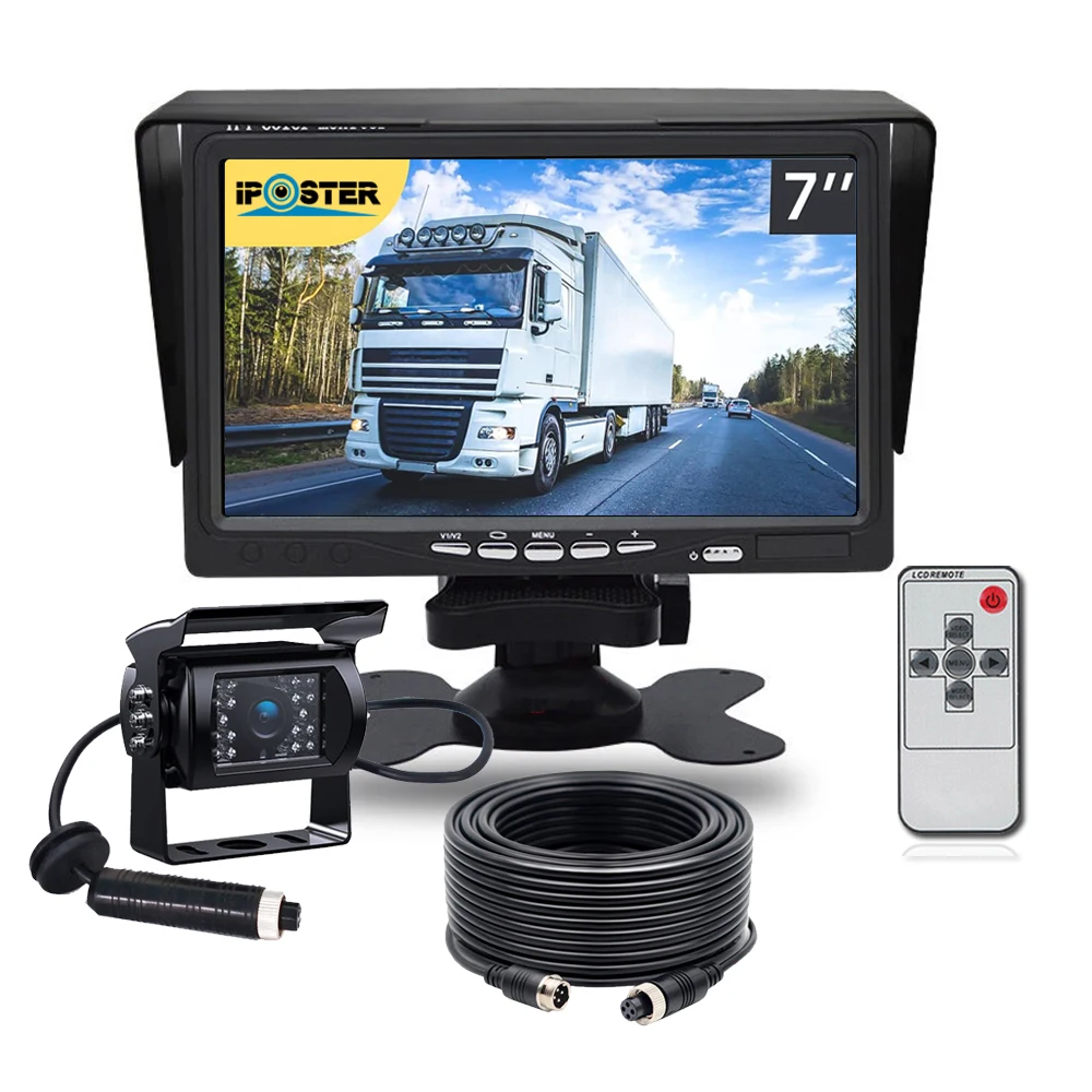 iPoster 7 Inch LCD Screen Car Monitor 12v 24v With Remote Control 4PIN Rear View Reversing Backup Camera 120 Degree View Angle 18 IR LEDs Night Visioin IP68 Waterproof For Truck Rv Caravan Trailer Camper Motorhome