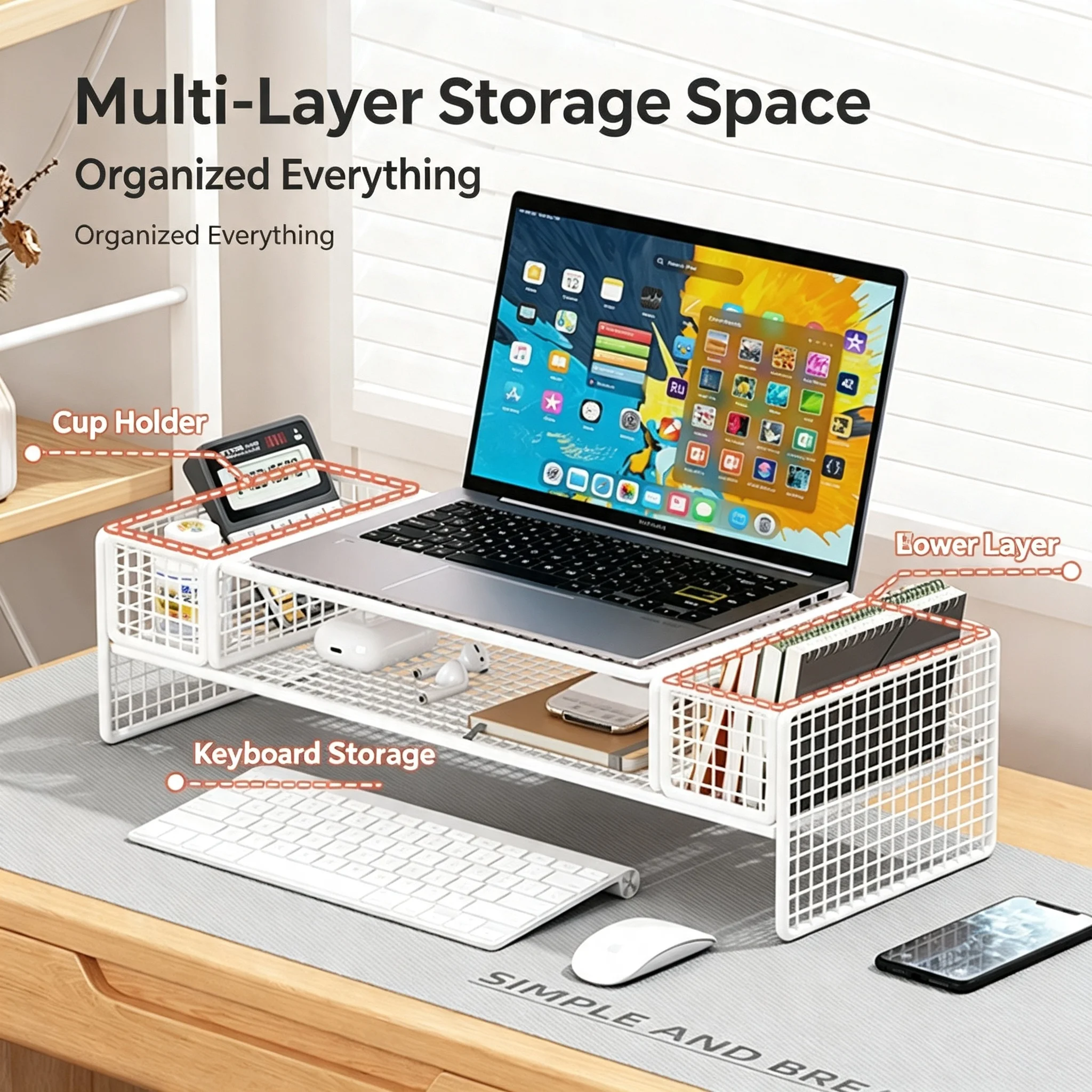 Multifunctional Computer Monitor Riser Desktop Storage Stand Desk Organizer Shelf Laptop Elevating Holder for Home Office Desktop Keyboard Storage