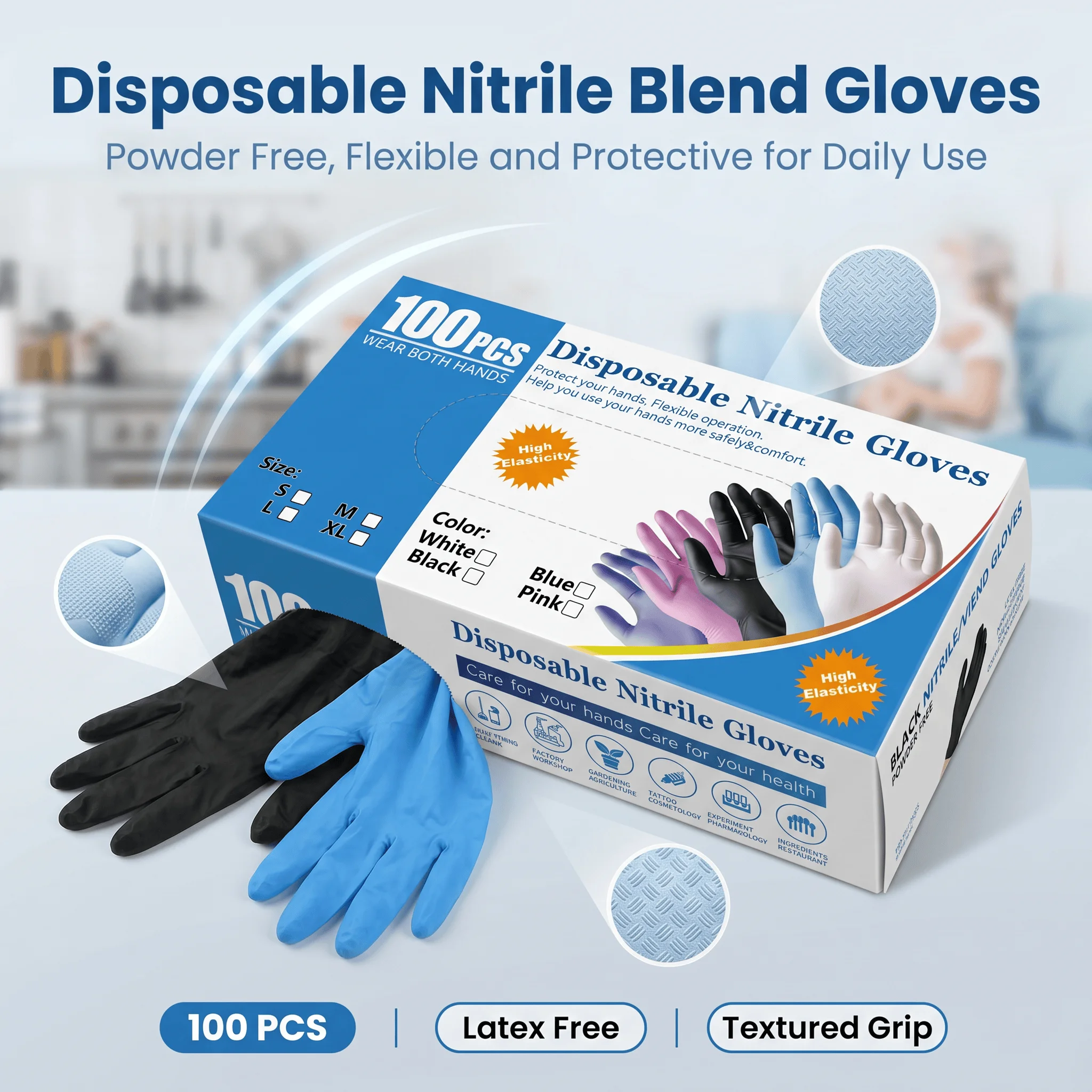 Disposable Nitrile Blend Gloves 20/100pcs, Powder‑Free Latex‑Free Textured Grip Protective Gloves, Multi‑Purpose Work Gloves Blue Black Pink White for Kitchen Cleaning Tattoo Household Industrial