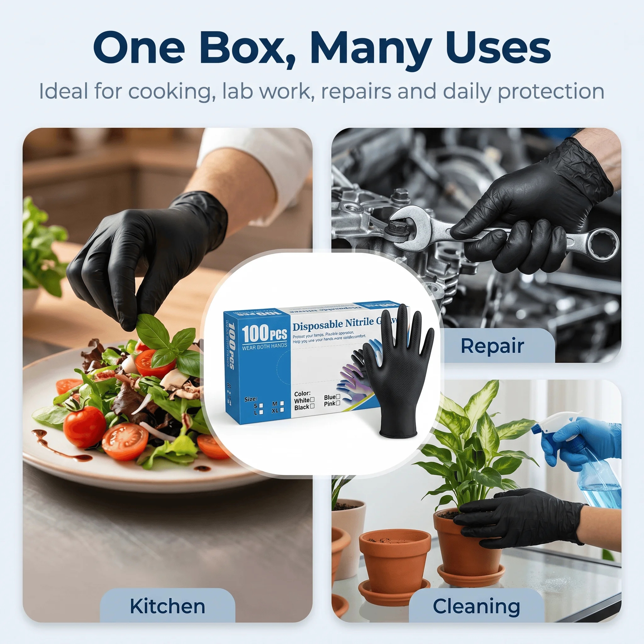 Disposable Nitrile Blend Gloves 20/100pcs, Powder‑Free Latex‑Free Textured Grip Protective Gloves, Multi‑Purpose Work Gloves Blue Black Pink White for Kitchen Cleaning Tattoo Household Industrial