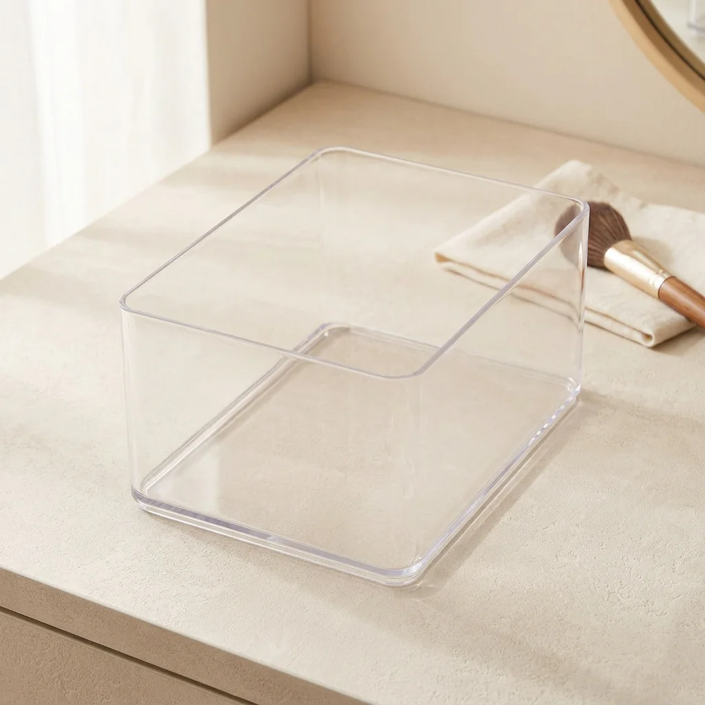 Medium Transparent Plastic Bathroom Tray, Cube‑Shaped Storage Organizer with Raised Sides, Open‑Top Counter Tray
