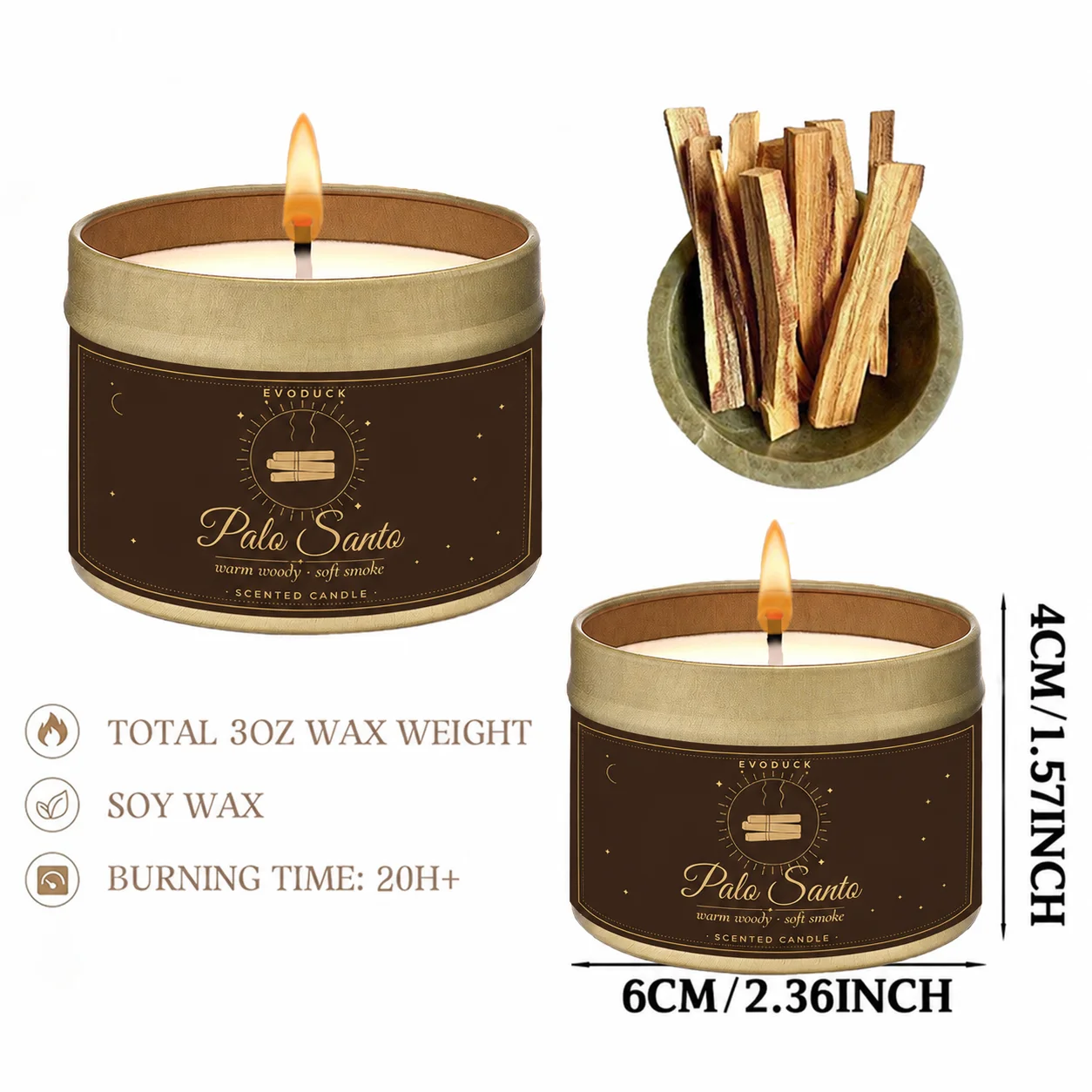 EVODUCK 4 Pack Aromatherapy Candle Set 2 Sage Smudge 2 Palo Santo Soy Wax Scented Candles in Gold Travel Tin 20H+ Burn Fresh Herbal & Warm Woody Smoke Fragrance for Meditation Yoga Spa Relaxation Home Ambience Housewarming Gift Bedroom Decor Candle
