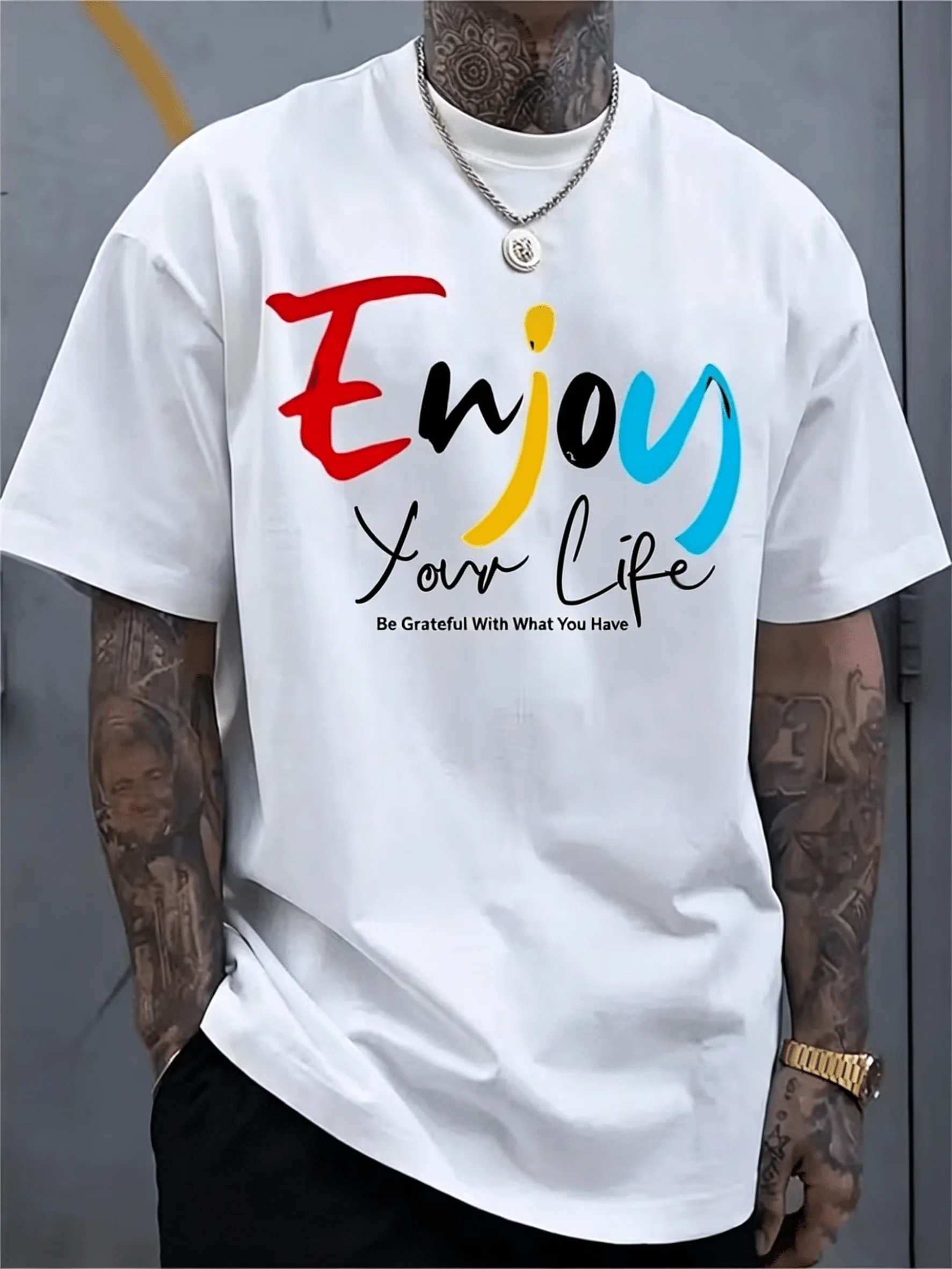Men's 100% Cotton White T-Shirt, Machine Washable & Fade Resistant, "Enjoy Your Life" Text Graphic Tee, Enjoy Life Style, Comfortable for American Lifestyle Gatherings, Self-Care Events, Casual Daily Wear & Wellness Events