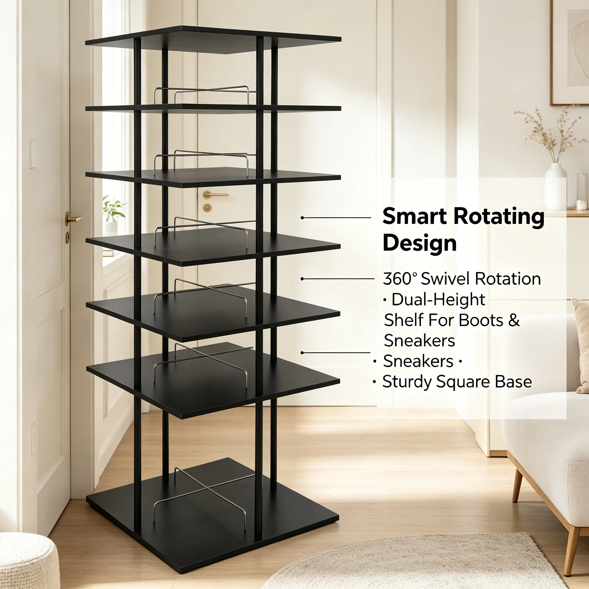 6-Tier Rotating Shoe Storage Rack 360° Swivel, Large Capacity 6-Shelf Shoe Organizer with 22.44" Square Base, 43 lbs Load for Entryway Bedroom Closet, Black
