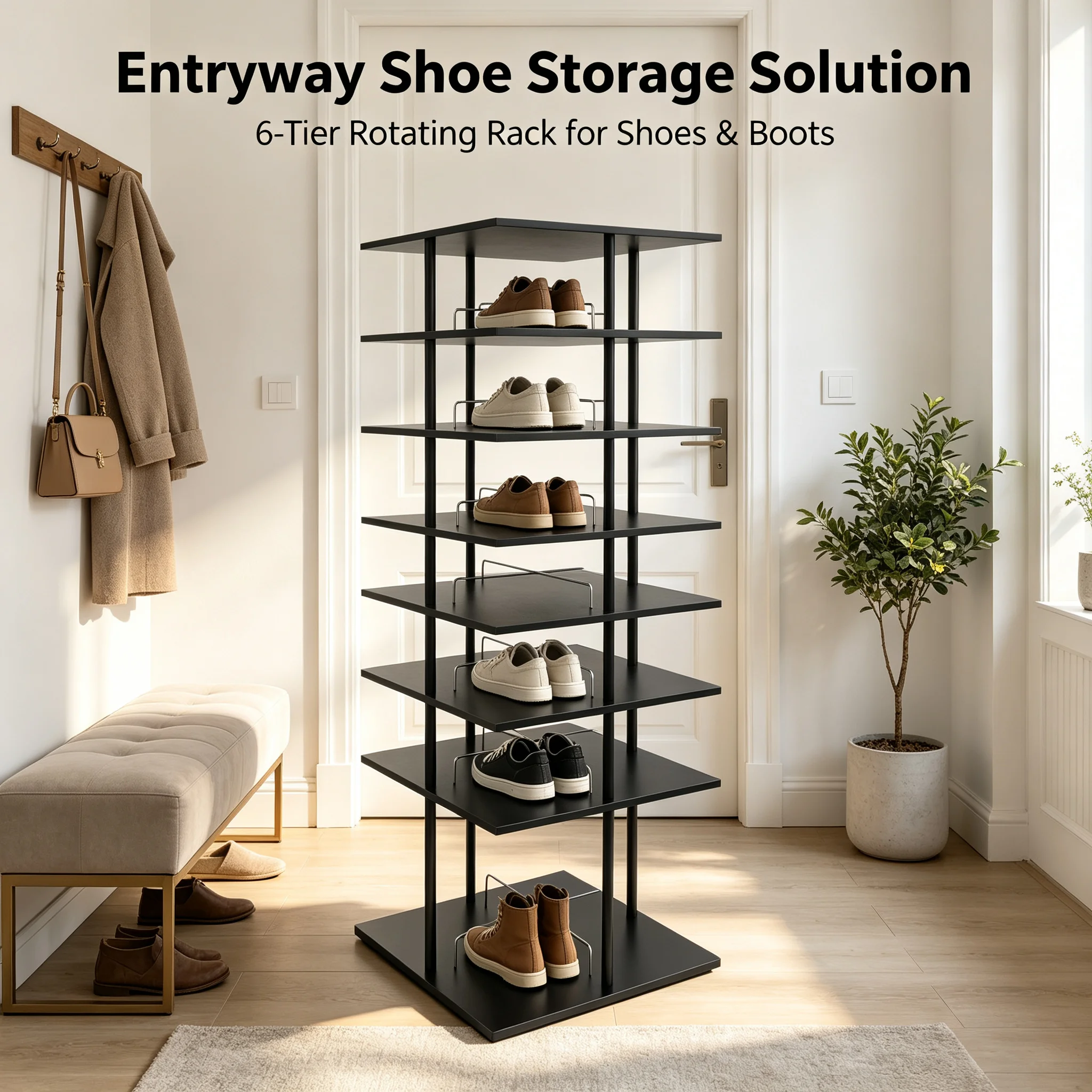 6-Tier Rotating Shoe Storage Rack 360° Swivel, Large Capacity 6-Shelf Shoe Organizer with 22.44" Square Base, 43 lbs Load for Entryway Bedroom Closet, Black