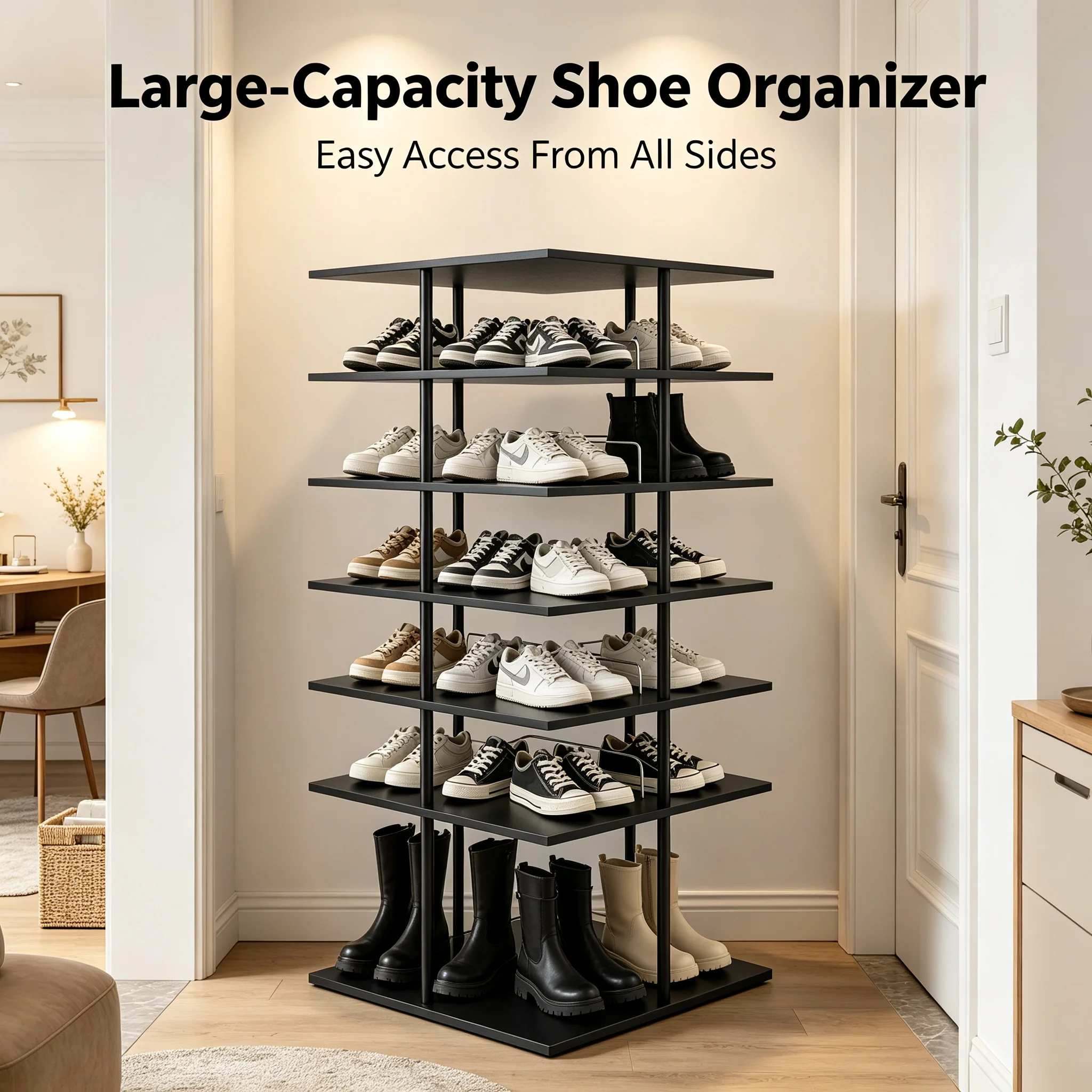 6-Tier Rotating Shoe Storage Rack 360° Swivel, Large Capacity 6-Shelf Shoe Organizer with 22.44" Square Base, 43 lbs Load for Entryway Bedroom Closet, Black