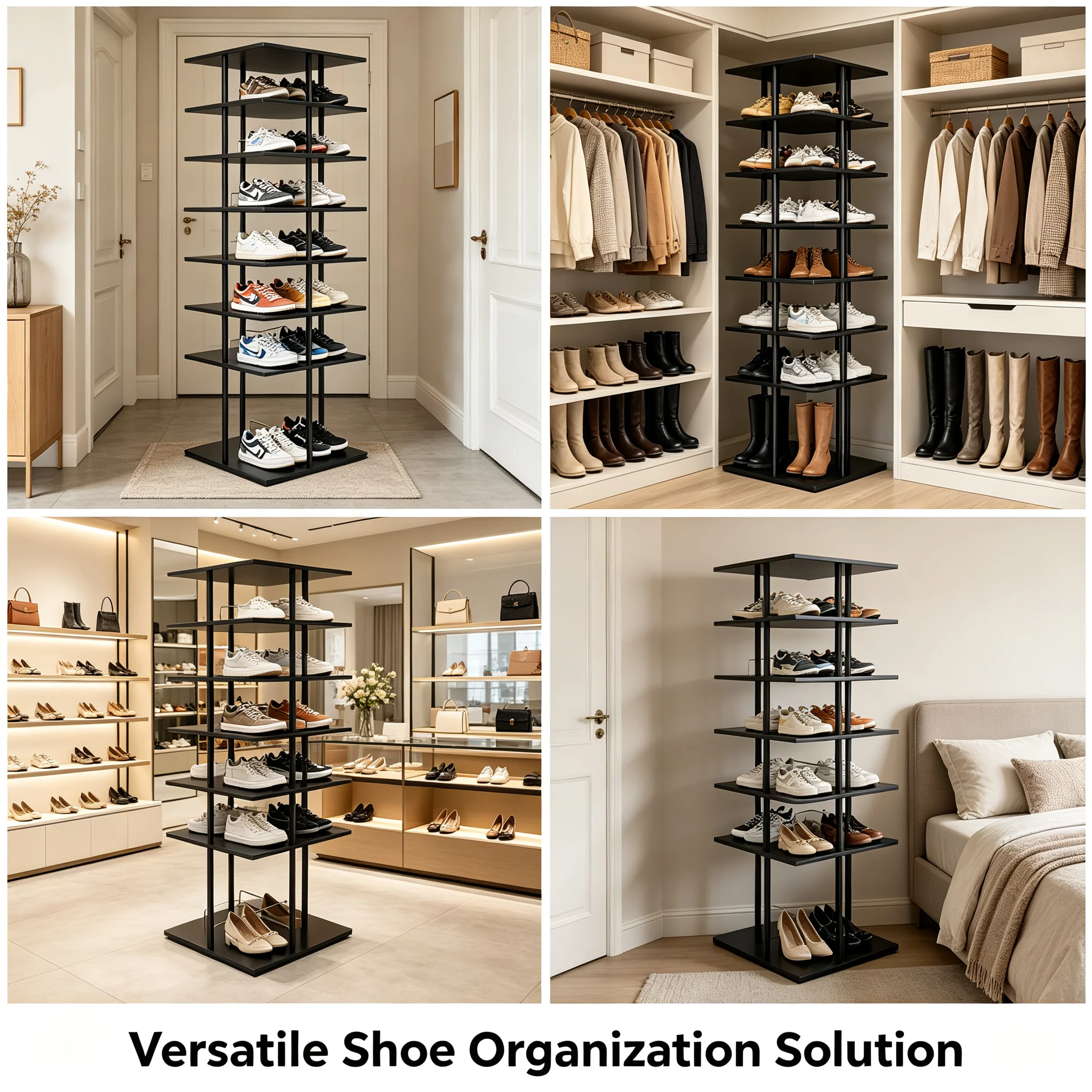 6-Tier Rotating Shoe Storage Rack 360° Swivel, Large Capacity 6-Shelf Shoe Organizer with 22.44" Square Base, 43 lbs Load for Entryway Bedroom Closet, Black