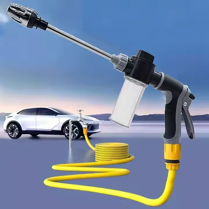 High‑Pressure Car Washing Water Gun with Long Handle Foam Kettle, Metal Joint Car Wash Sprayer Nozzle for RV External Cleaning Garden Water Hose Shower Watering