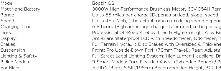 Bopzin Peak 3000W Q8 Electric Dirt Bike for Adults 45MPH 25โโ Fat Tire Battery 60V 35AH Off-Road Mountain Bike