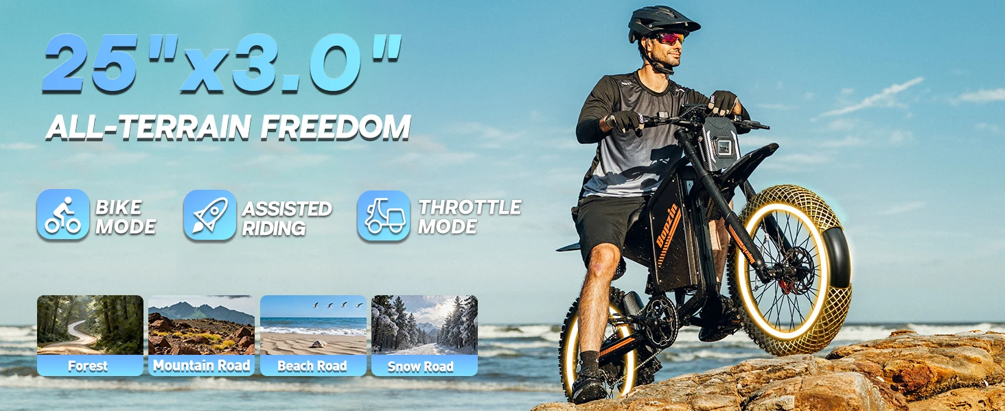 Bopzin Peak 3000W Q8 Electric Dirt Bike for Adults 45MPH 25โโ Fat Tire Battery 60V 35AH Off-Road Mountain Bike