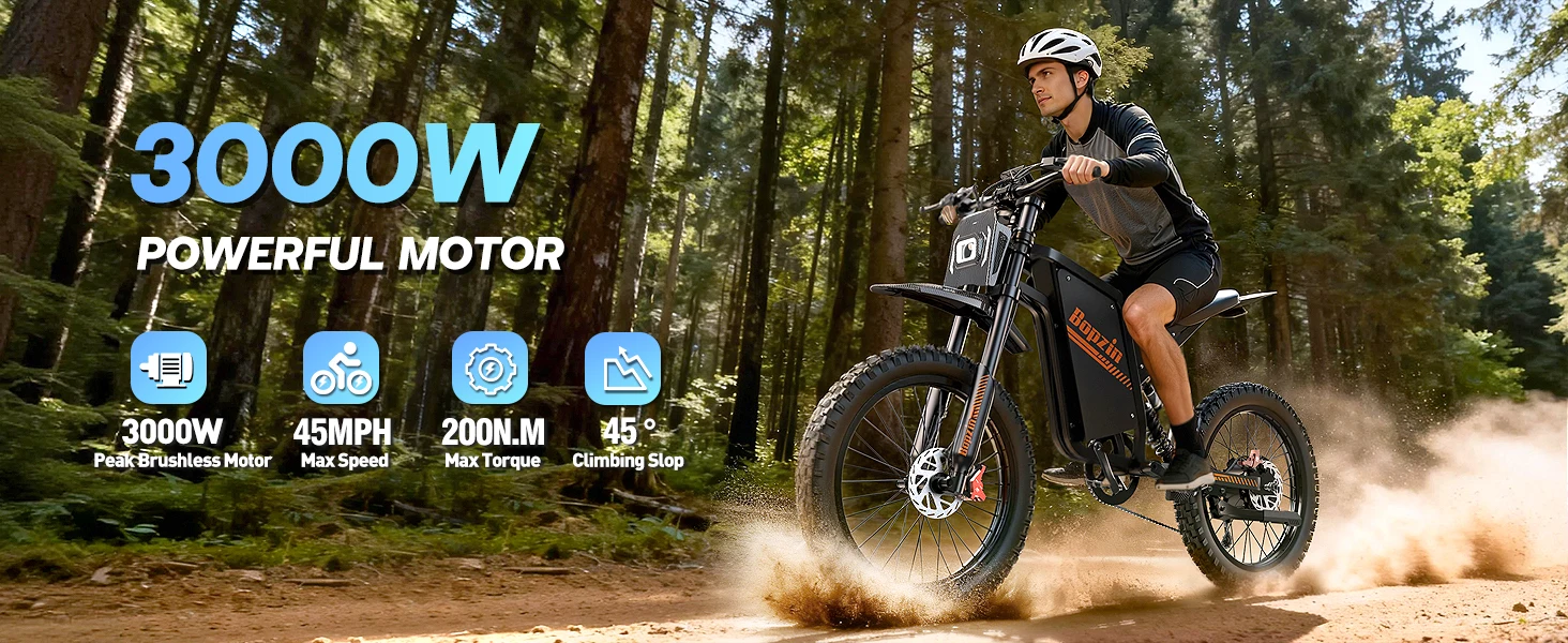 Bopzin Peak 3000W Q8 Electric Dirt Bike for Adults 45MPH 25โโ Fat Tire Battery 60V 35AH Off-Road Mountain Bike