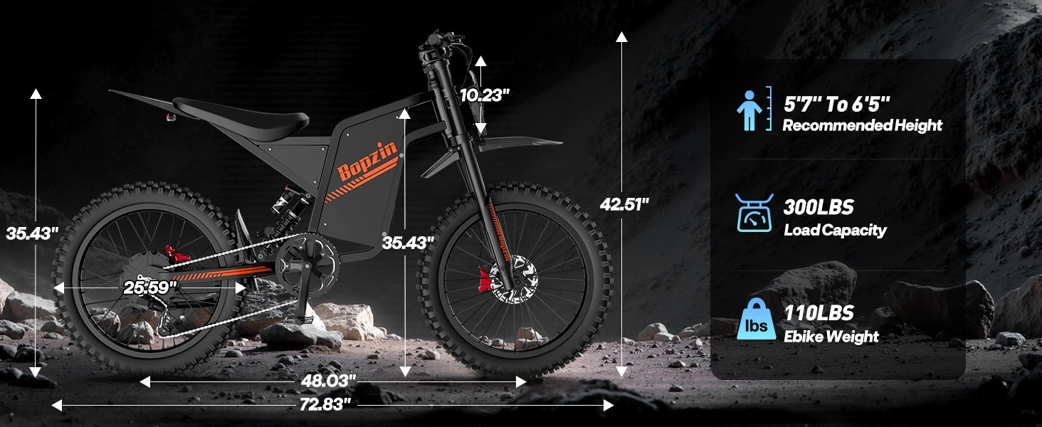 Bopzin Peak 3000W Q8 Electric Dirt Bike for Adults 45MPH 25โโ Fat Tire Battery 60V 35AH Off-Road Mountain Bike