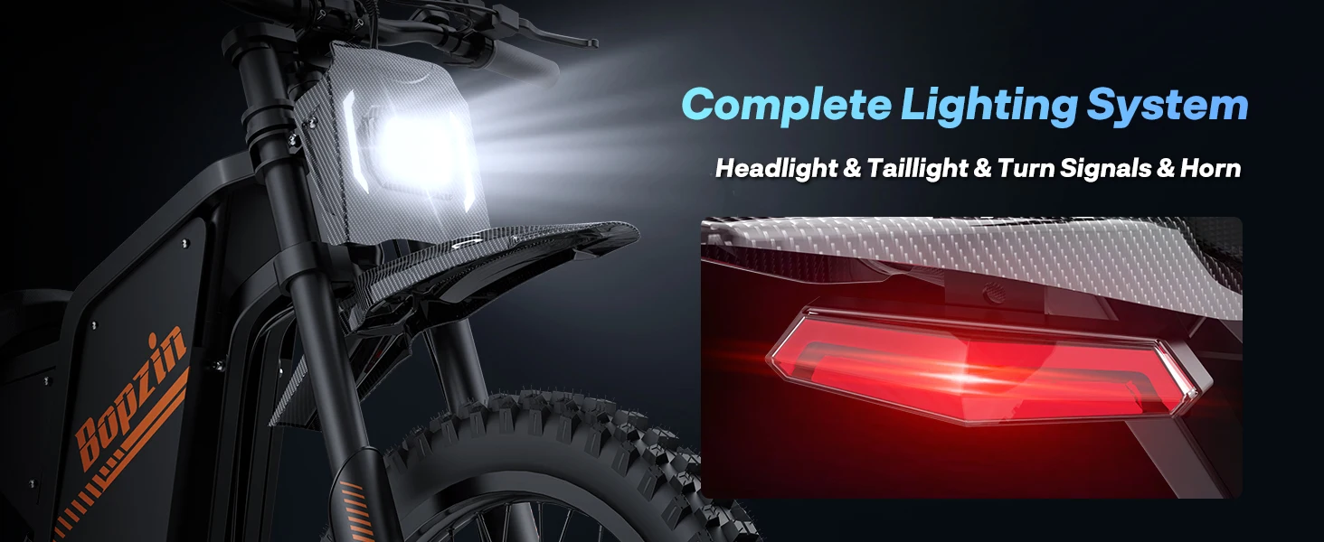 Bopzin Peak 3000W Q8 Electric Dirt Bike for Adults 45MPH 25โโ Fat Tire Battery 60V 35AH Off-Road Mountain Bike