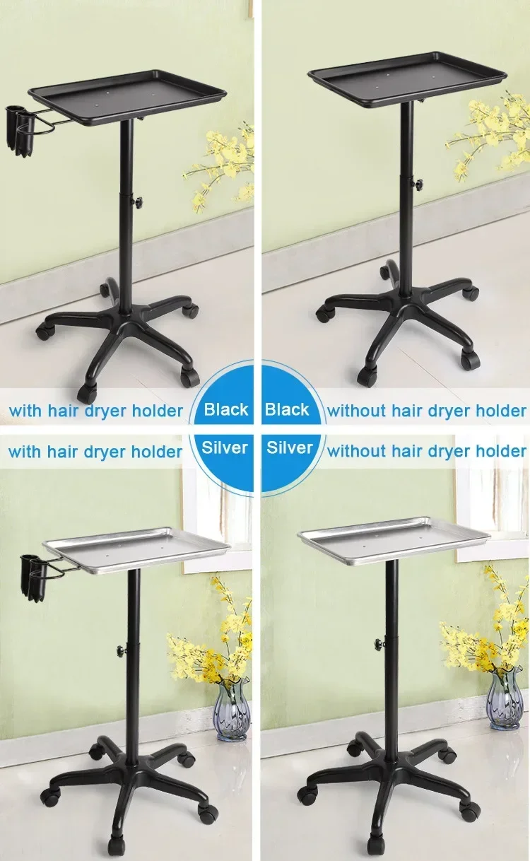 Salon Hairdressing Trolley Cart Adjustable Height Rolling Beauty Tray Stand with Wheels for Barber Shop Hair Styling Tool Storage