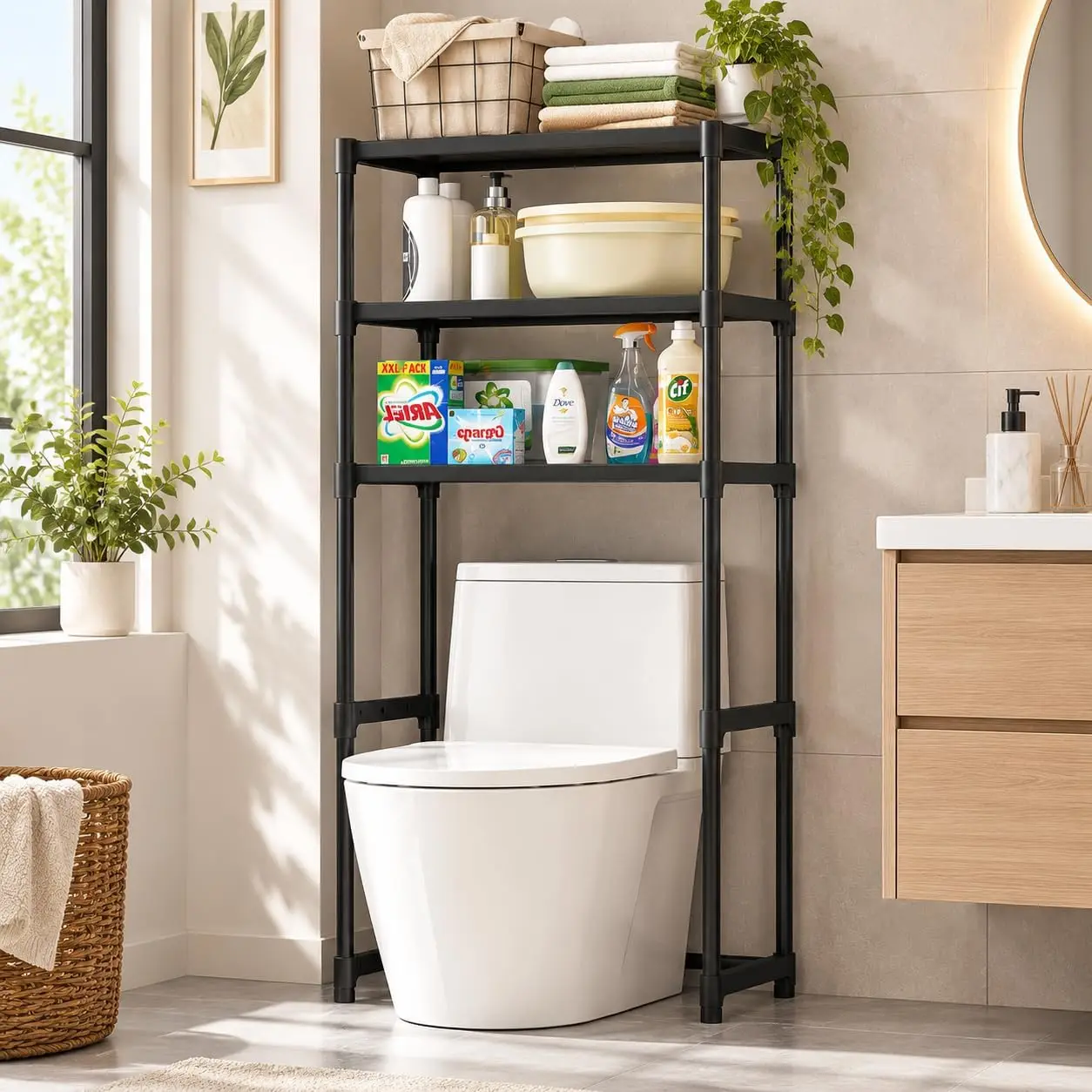 Bathroom Storage Rack Over The Toilet Shelf 3 Tier Space Saver Organizer Multi-Functional Wall Hanging Toilet Storage Rack