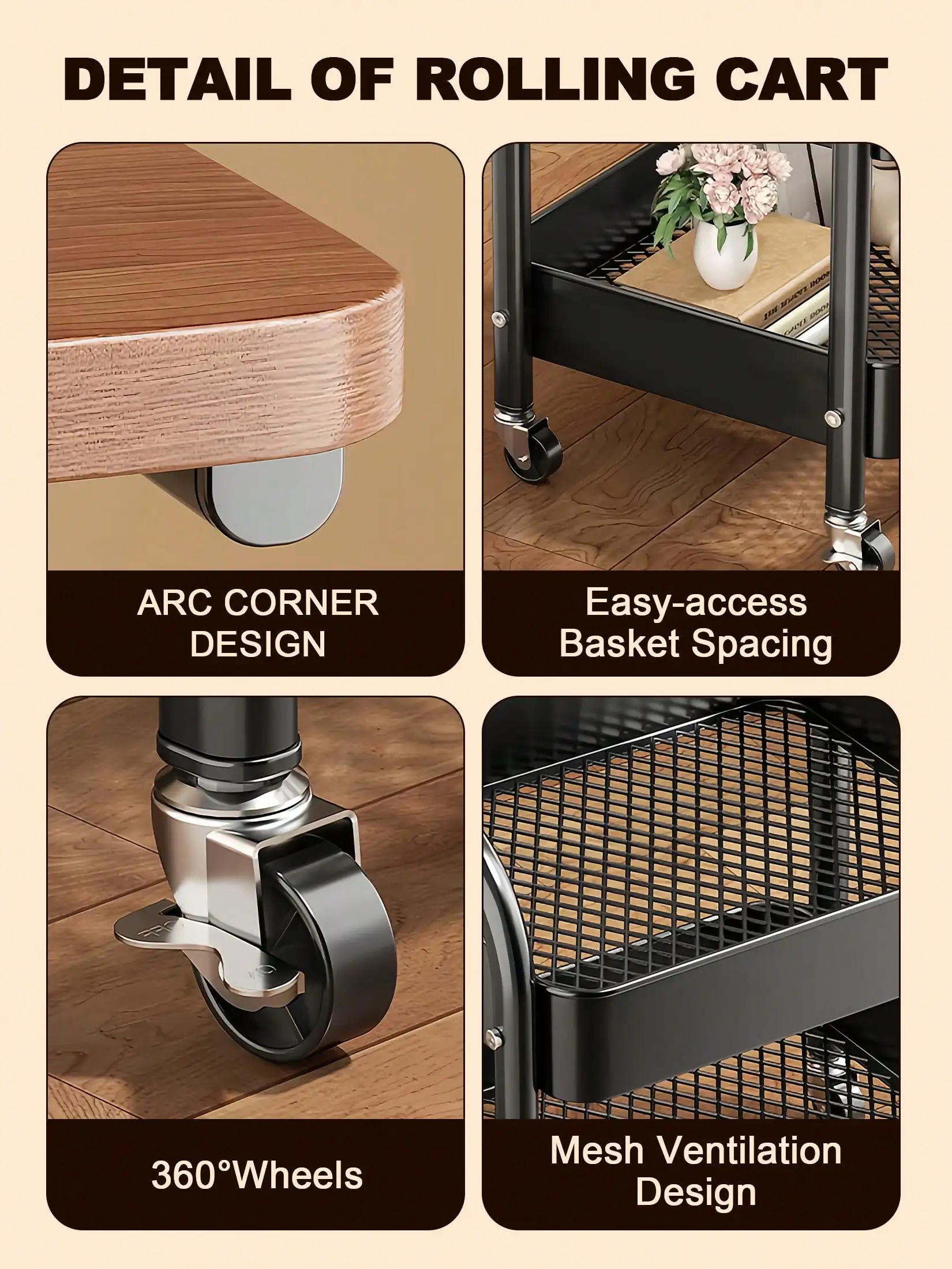 Black Rolling Cart With Desk And 360° Wheels Multi-Functional Cart Utility Rolling Cart With Desk And Wheels, Storage Cart Side Table Bathroom Organizers And Storage, Indoor And Outdoor Storage Organization Office Desk, Dorm Essentials