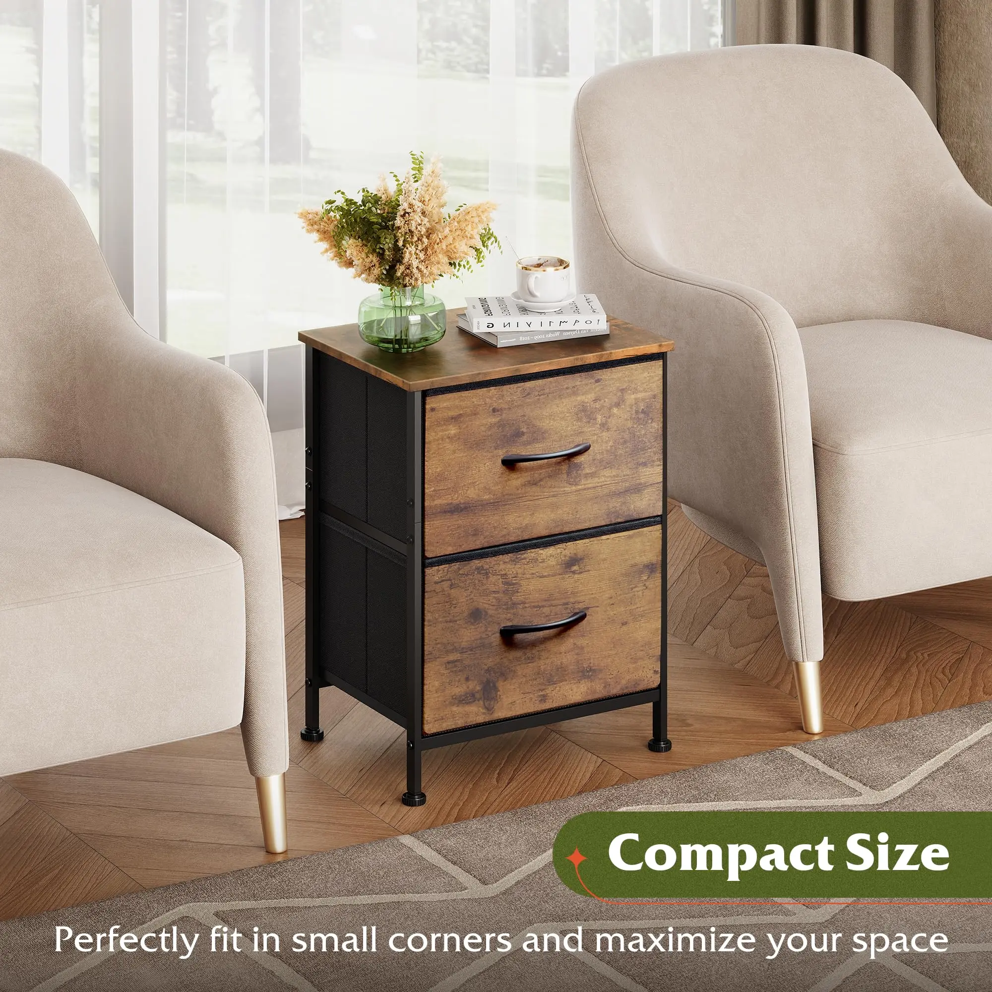 Modern Compact Bedside Table 2-Drawer Fabric Storage Nightstand Metal Frame Side End Table Soft-Close Bins Bedroom Furniture Organizer Cabinet for Small Space Living Room Dorm 2-Tier Rack (15.7x11.8x20.9in)