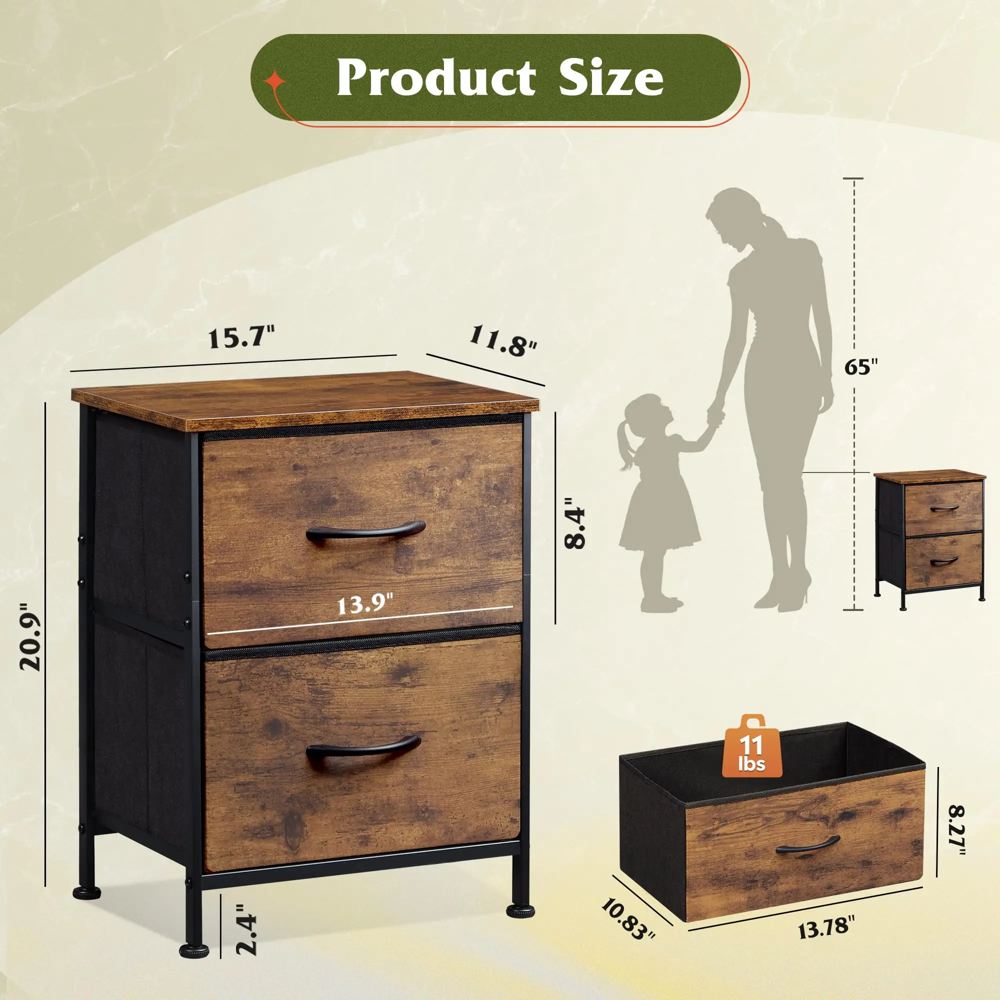 Modern Compact Bedside Table 2-Drawer Fabric Storage Nightstand Metal Frame Side End Table Soft-Close Bins Bedroom Furniture Organizer Cabinet for Small Space Living Room Dorm 2-Tier Rack (15.7x11.8x20.9in)