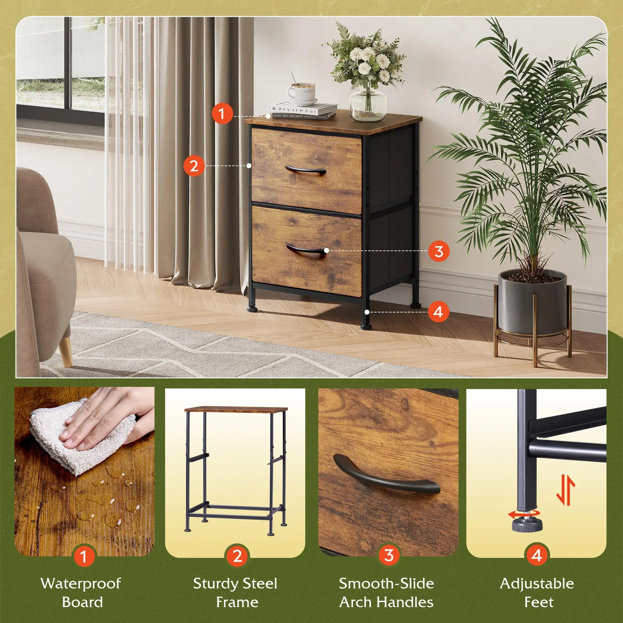 Modern Compact Bedside Table 2-Drawer Fabric Storage Nightstand Metal Frame Side End Table Soft-Close Bins Bedroom Furniture Organizer Cabinet for Small Space Living Room Dorm 2-Tier Rack (15.7x11.8x20.9in)