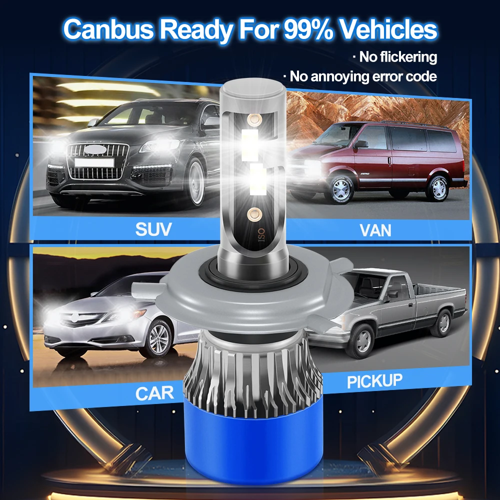 Roadsun H4 Hi&Lo Beam LED Headlight Bulbs 120W 22000LM CANBUS Super Bright 9003 LED Car Headlamps 6000K DC12V 3570 CSP Chips Auto Light Bulbs Universal Fit for Car Motors