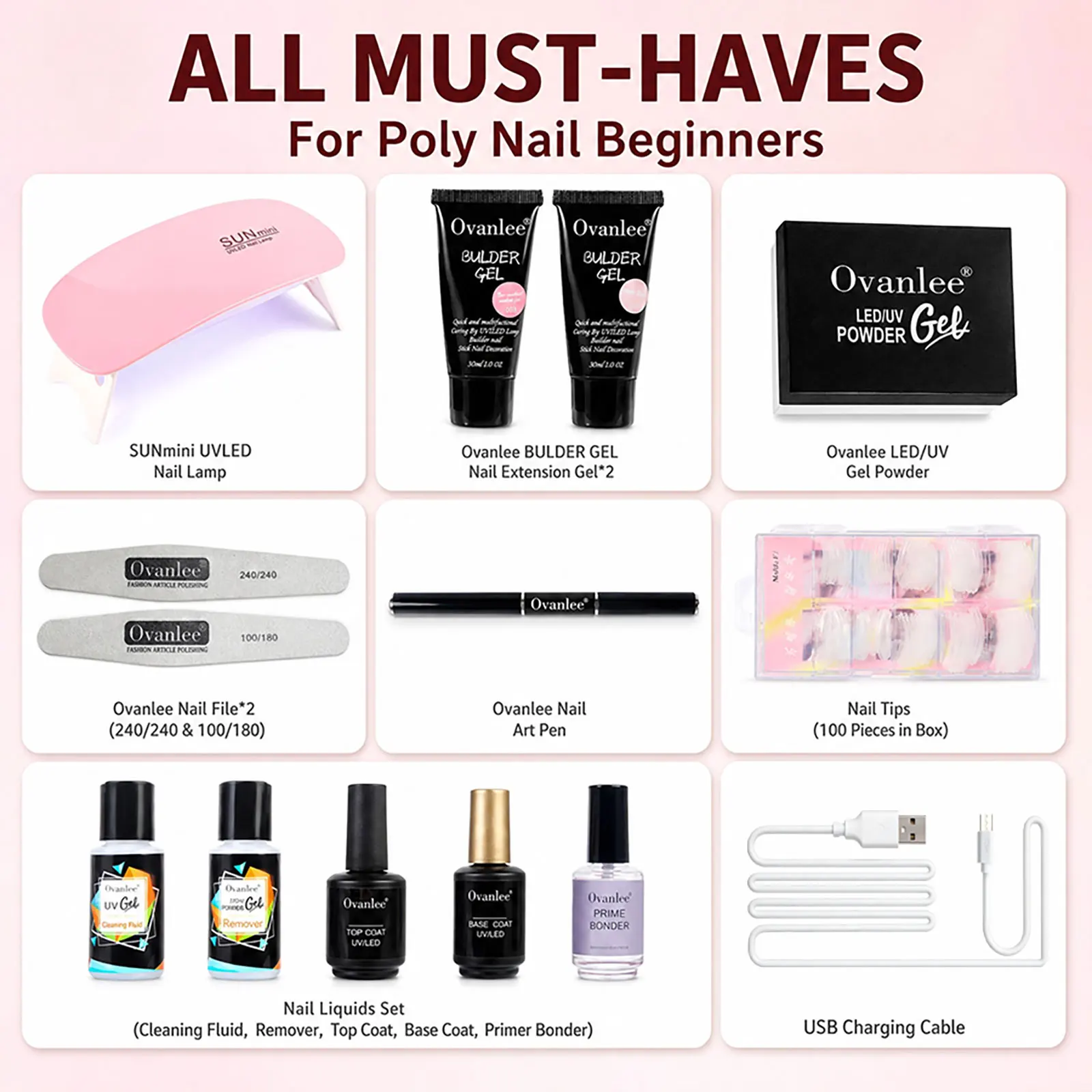 Ovanlee 2-Tube Form-Free Poly Gel Nail Kit – 30ml Builder Gel with Mini UV/LED Lamp, 100 Pcs Nail Tips, Files & Complete Liquids for Direct Application & Long-Lasting Extensions