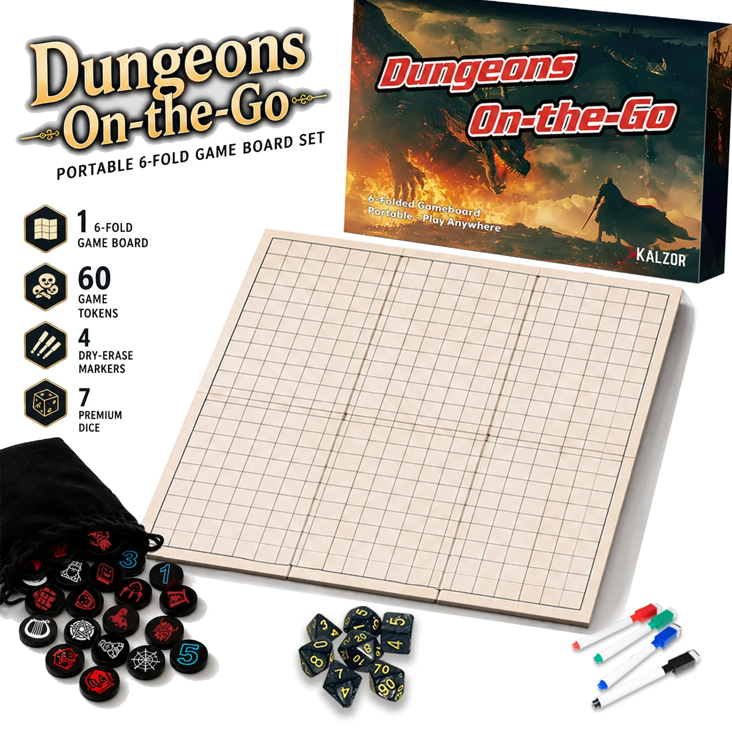 Deluxe Portable RPG Adventure Game Kit, 6-Fold Double-Sided Battle Map Board, 60pcs Premium Tokens, Polyhedral Dice Set & Dry Erase Markers for Tabletop Role Playing Games, Perfect Gift for TTRPG, Dnd Pathfinder Player