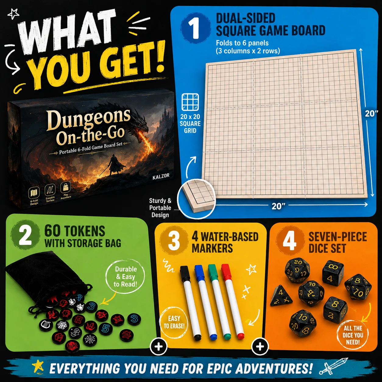 Deluxe Portable RPG Adventure Game Kit, 6-Fold Double-Sided Battle Map Board, 60pcs Premium Tokens, Polyhedral Dice Set & Dry Erase Markers for Tabletop Role Playing Games, Perfect Gift for TTRPG, Dnd Pathfinder Player