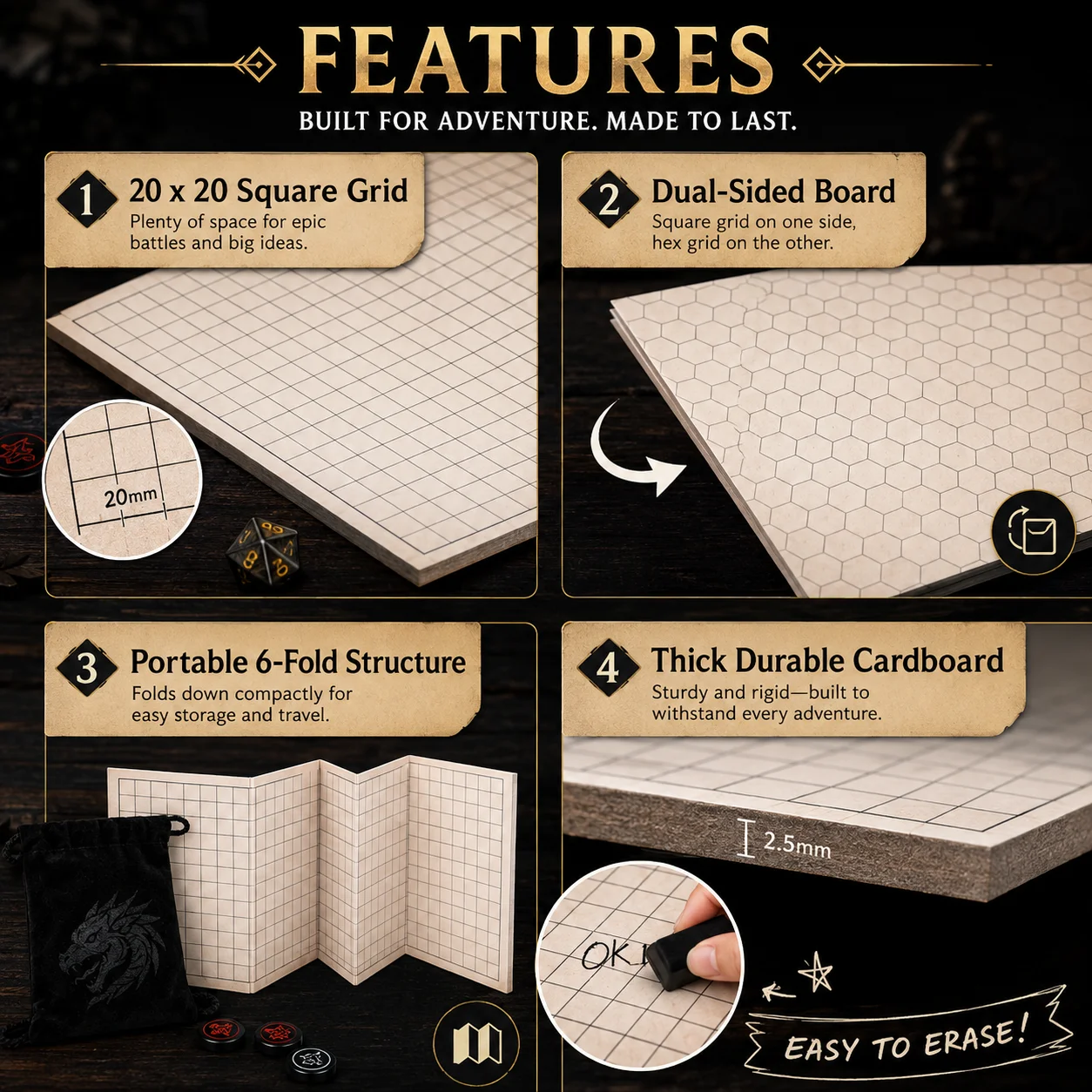 Deluxe Portable RPG Adventure Game Kit, 6-Fold Double-Sided Battle Map Board, 60pcs Premium Tokens, Polyhedral Dice Set & Dry Erase Markers for Tabletop Role Playing Games, Perfect Gift for TTRPG, Dnd Pathfinder Player