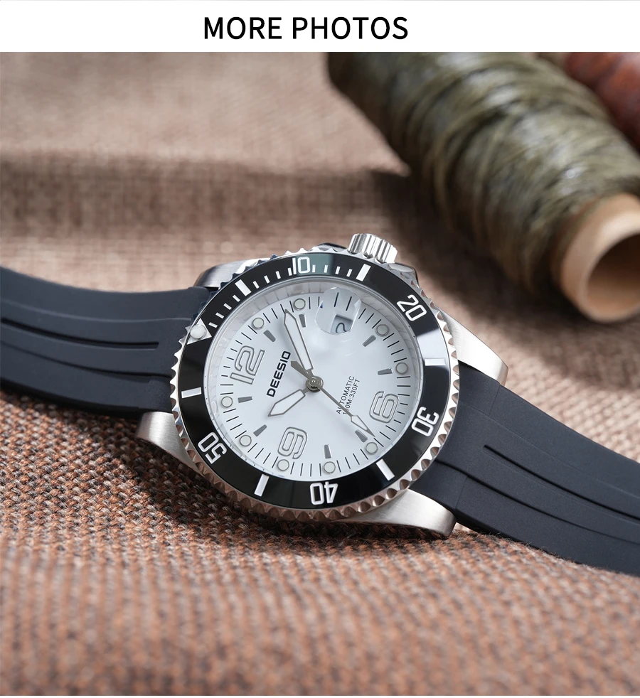 DEESIO Men Mechanical Watch Automatic Self-Winding Wristwatch 316L Stainless Steel Case 100M/10Bar Waterproof Luminous Date Calendar Display Sport Silicone Strap High Mineral Hardness Glass Male Business Casual Luxury Sporty Daily Wear Hot Gift Watches