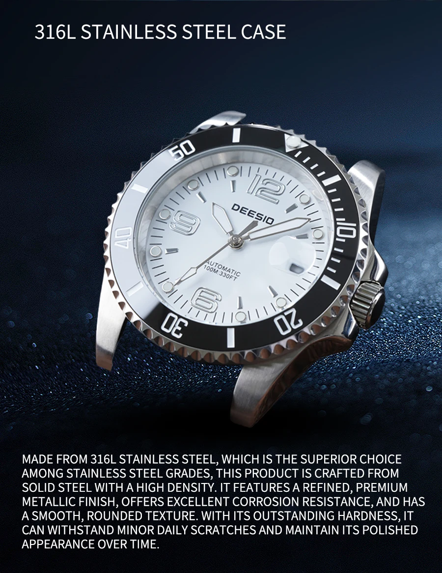 DEESIO Men Mechanical Watch Automatic Self-Winding Wristwatch 316L Stainless Steel Case 100M/10Bar Waterproof Luminous Date Calendar Display Sport Silicone Strap High Mineral Hardness Glass Male Business Casual Luxury Sporty Daily Wear Hot Gift Watches
