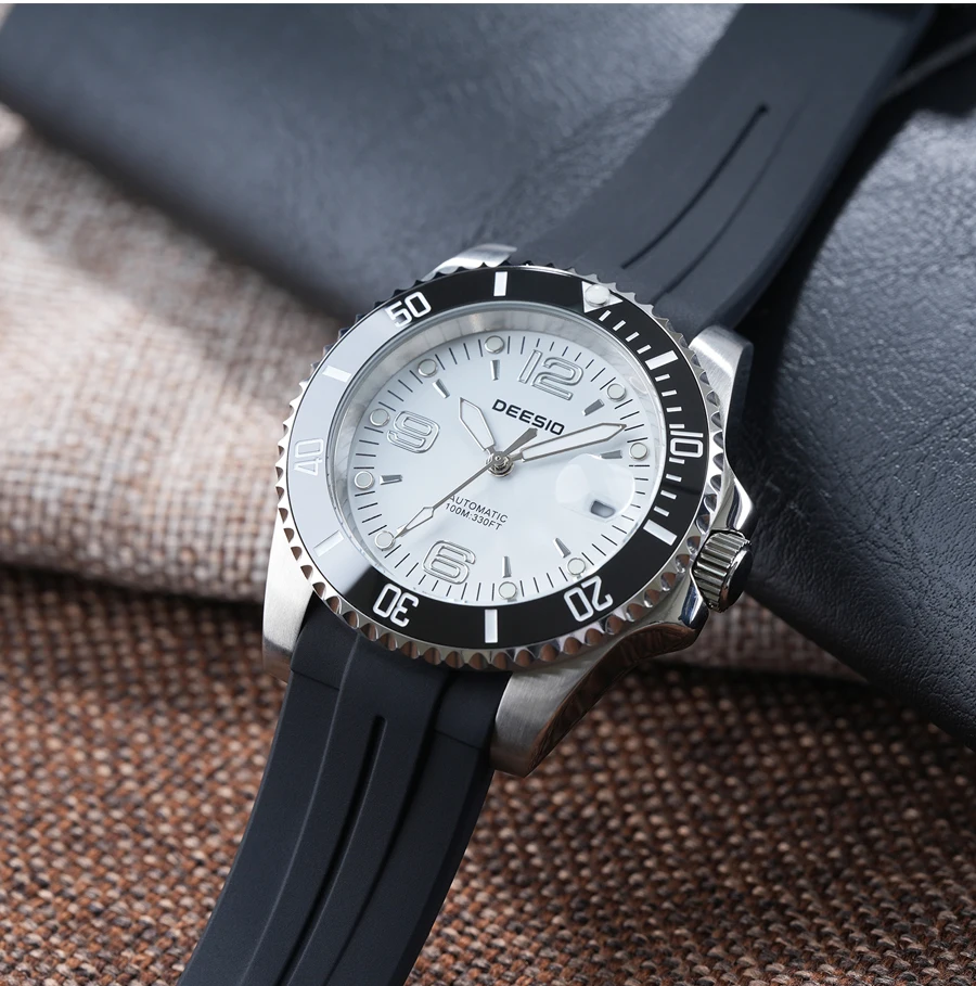 DEESIO Men Mechanical Watch Automatic Self-Winding Wristwatch 316L Stainless Steel Case 100M/10Bar Waterproof Luminous Date Calendar Display Sport Silicone Strap High Mineral Hardness Glass Male Business Casual Luxury Sporty Daily Wear Hot Gift Watches