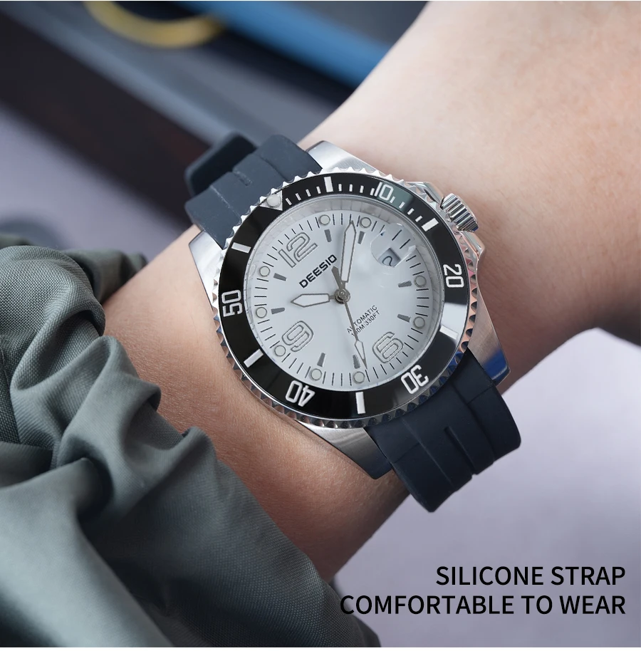 DEESIO Men Mechanical Watch Automatic Self-Winding Wristwatch 316L Stainless Steel Case 100M/10Bar Waterproof Luminous Date Calendar Display Sport Silicone Strap High Mineral Hardness Glass Male Business Casual Luxury Sporty Daily Wear Hot Gift Watches