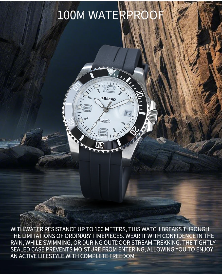 DEESIO Men Mechanical Watch Automatic Self-Winding Wristwatch 316L Stainless Steel Case 100M/10Bar Waterproof Luminous Date Calendar Display Sport Silicone Strap High Mineral Hardness Glass Male Business Casual Luxury Sporty Daily Wear Hot Gift Watches