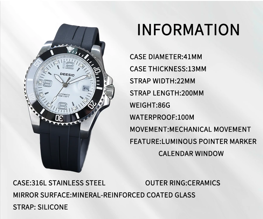 DEESIO Men Mechanical Watch Automatic Self-Winding Wristwatch 316L Stainless Steel Case 100M/10Bar Waterproof Luminous Date Calendar Display Sport Silicone Strap High Mineral Hardness Glass Male Business Casual Luxury Sporty Daily Wear Hot Gift Watches