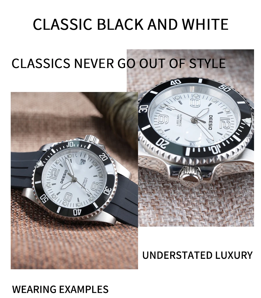 DEESIO Men Mechanical Watch Automatic Self-Winding Wristwatch 316L Stainless Steel Case 100M/10Bar Waterproof Luminous Date Calendar Display Sport Silicone Strap High Mineral Hardness Glass Male Business Casual Luxury Sporty Daily Wear Hot Gift Watches