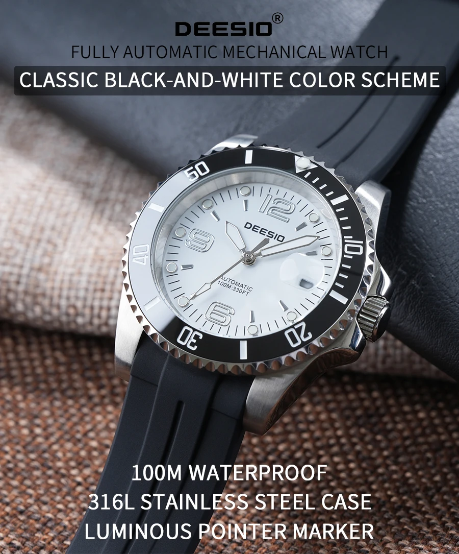 DEESIO Men Mechanical Watch Automatic Self-Winding Wristwatch 316L Stainless Steel Case 100M/10Bar Waterproof Luminous Date Calendar Display Sport Silicone Strap High Mineral Hardness Glass Male Business Casual Luxury Sporty Daily Wear Hot Gift Watches