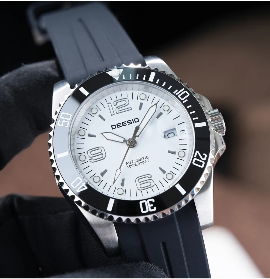 DEESIO Men Mechanical Watch Automatic Self-Winding Wristwatch 316L Stainless Steel Case 100M/10Bar Waterproof Luminous Date Calendar Display Sport Silicone Strap High Mineral Hardness Glass Male Business Casual Luxury Sporty Daily Wear Hot Gift Watches